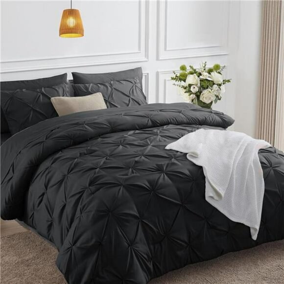 HIMEET Queen Comforter Set 7 Piece Black Pinch Pleat Bed in a Bag Bedding